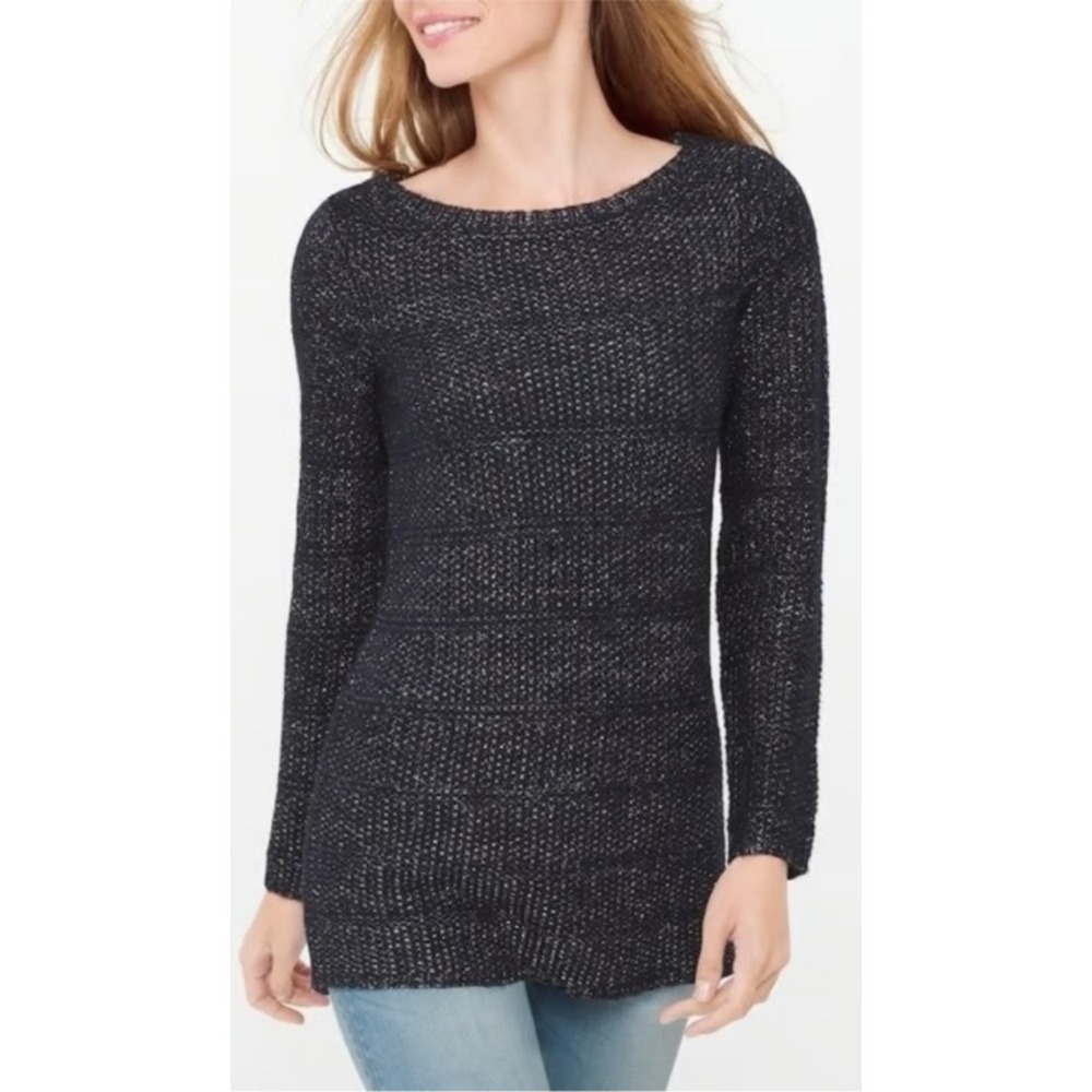White House Black Market Sparkle Knit Sweater Top Long Sleeve Black Metallic L